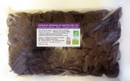 Chocolat noir non torréfié 75 %, en Gouttes, bio, vrac, 2kg