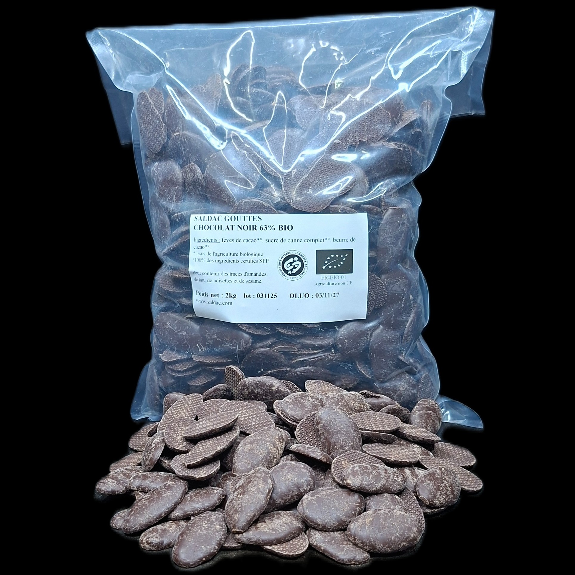 Chocolat noir 63 % en Gouttes, bio, vrac, 2kg