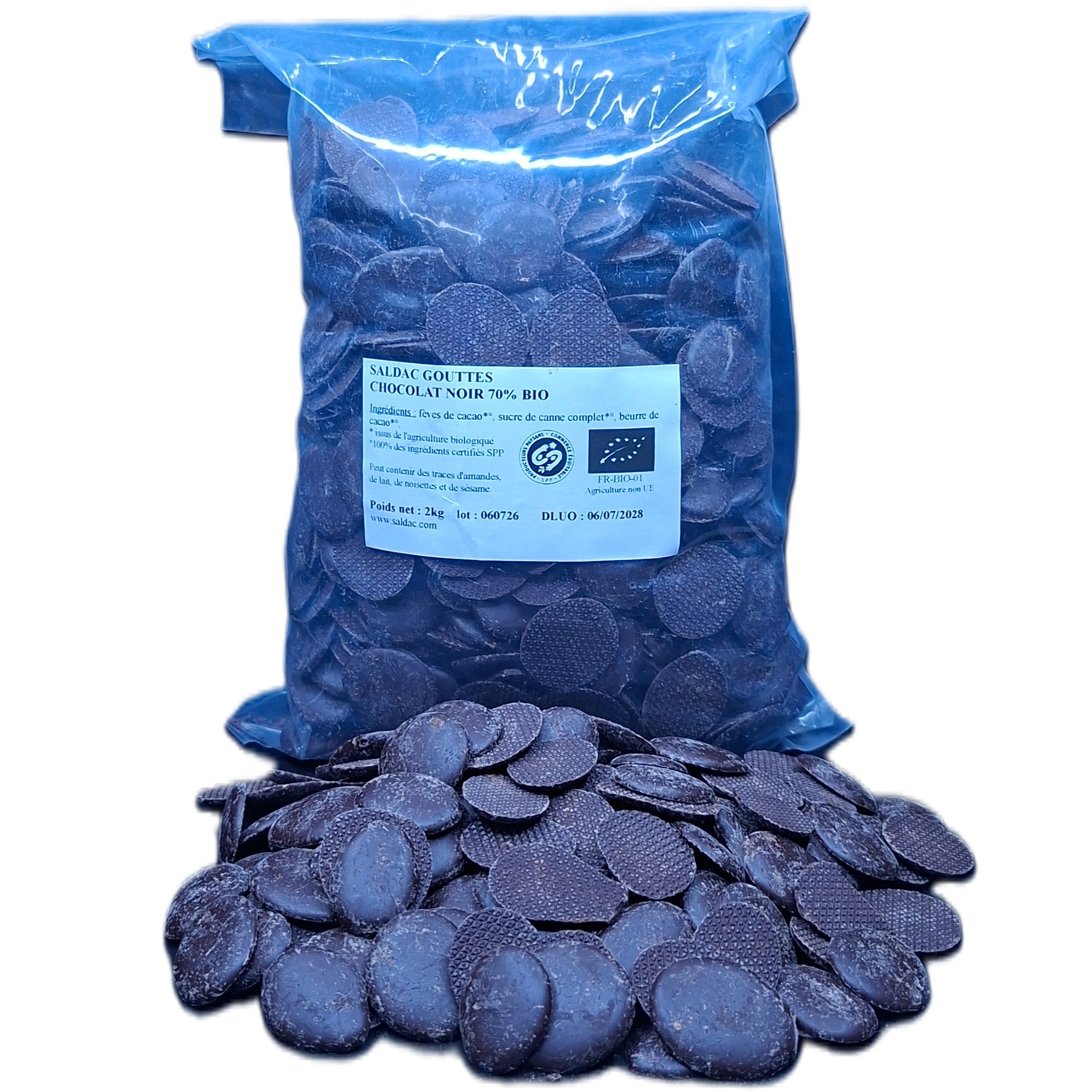 Chocolat noir 70 % en Gouttes, bio, vrac, 2kg – Image 2