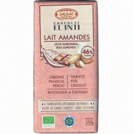 Chocolat lait et amandes, bio, tablette de 100gr