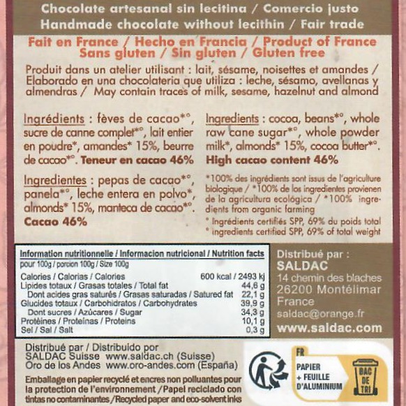 Chocolat lait et amandes, bio, tablette de 100gr – Bild 3