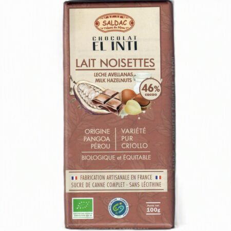 Chocolat lait et noisettes, bio, tablette de 100gr