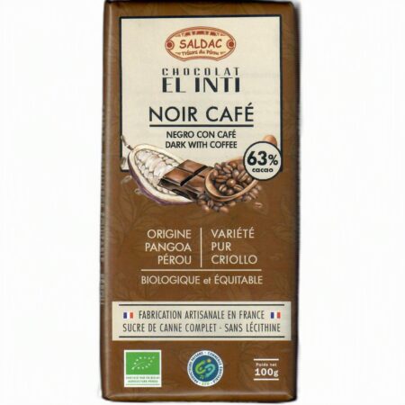 Chocolat noir 63% café, bio, tablettes 100gr