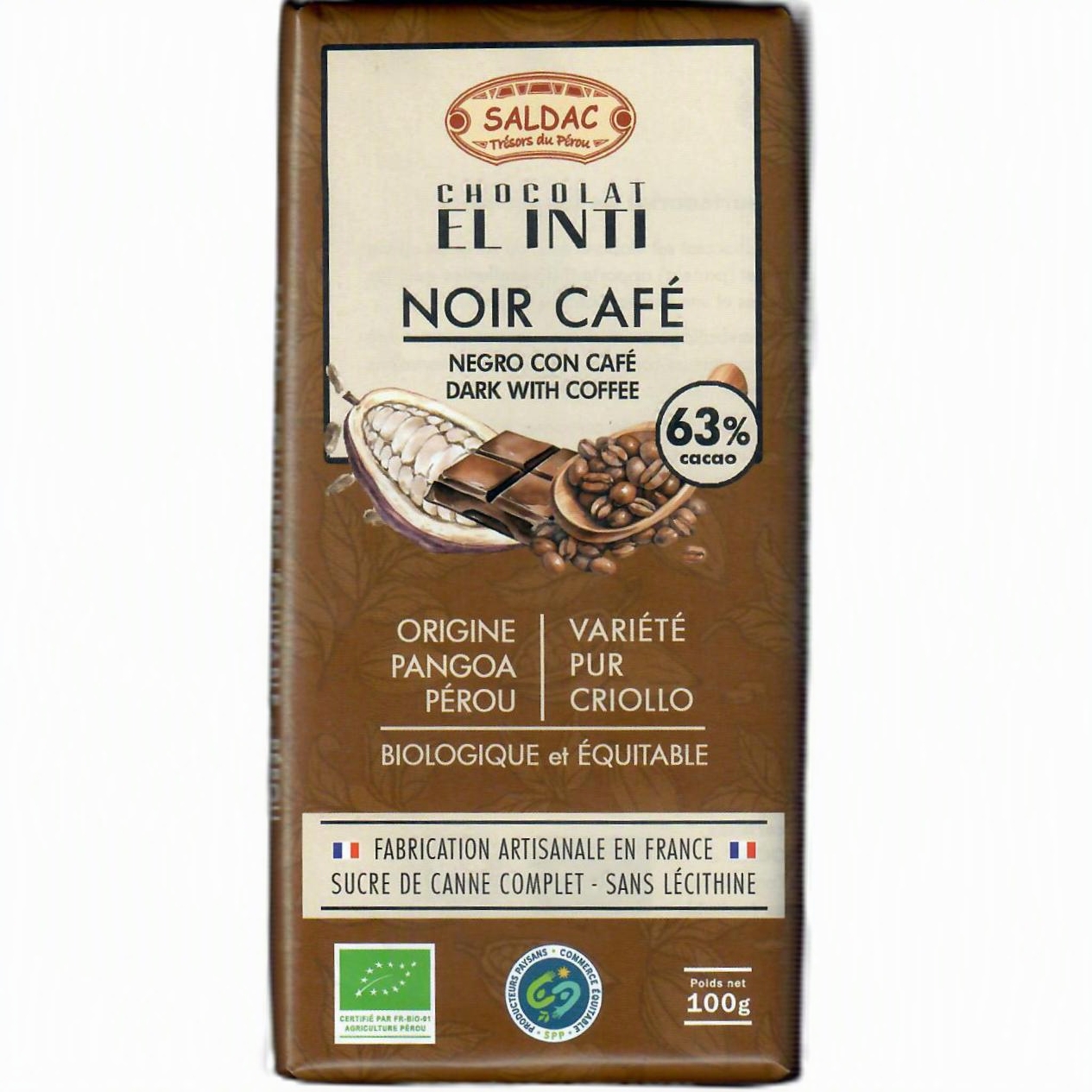 Chocolat noir 63% café, bio, tablettes 100gr