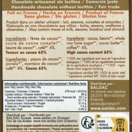 Chocolat noir 63% café, bio, tablettes 100gr – Image 3