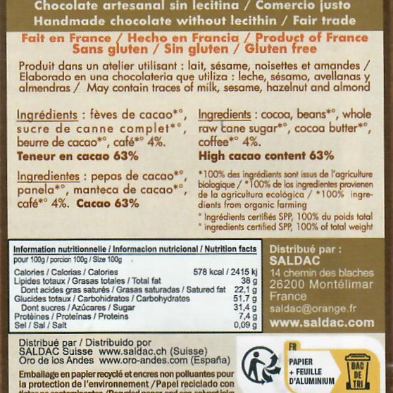 Chocolat noir 63% café, bio, tablettes 100gr – Image 3