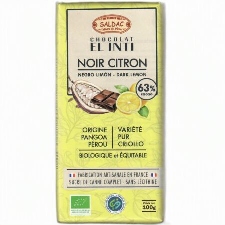 Chocolat noir 63% écorce de citron confite, bio, tablettes 100gr