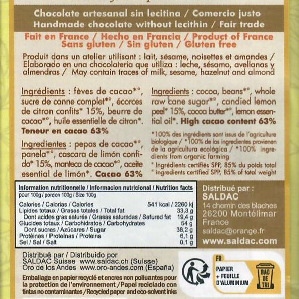 Chocolat noir 63% écorce de citron confite, bio, tablettes 100gr – Image 3