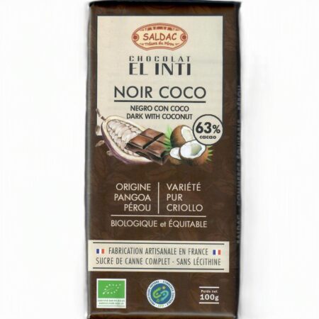 Chocolat noir 63% noix de coco, bio, tablettes 100gr