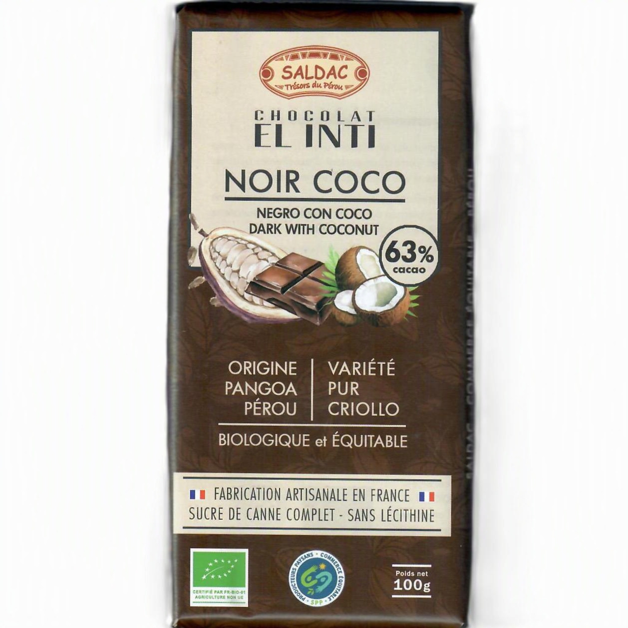 Chocolat noir 63% noix de coco, bio, tablettes 100gr