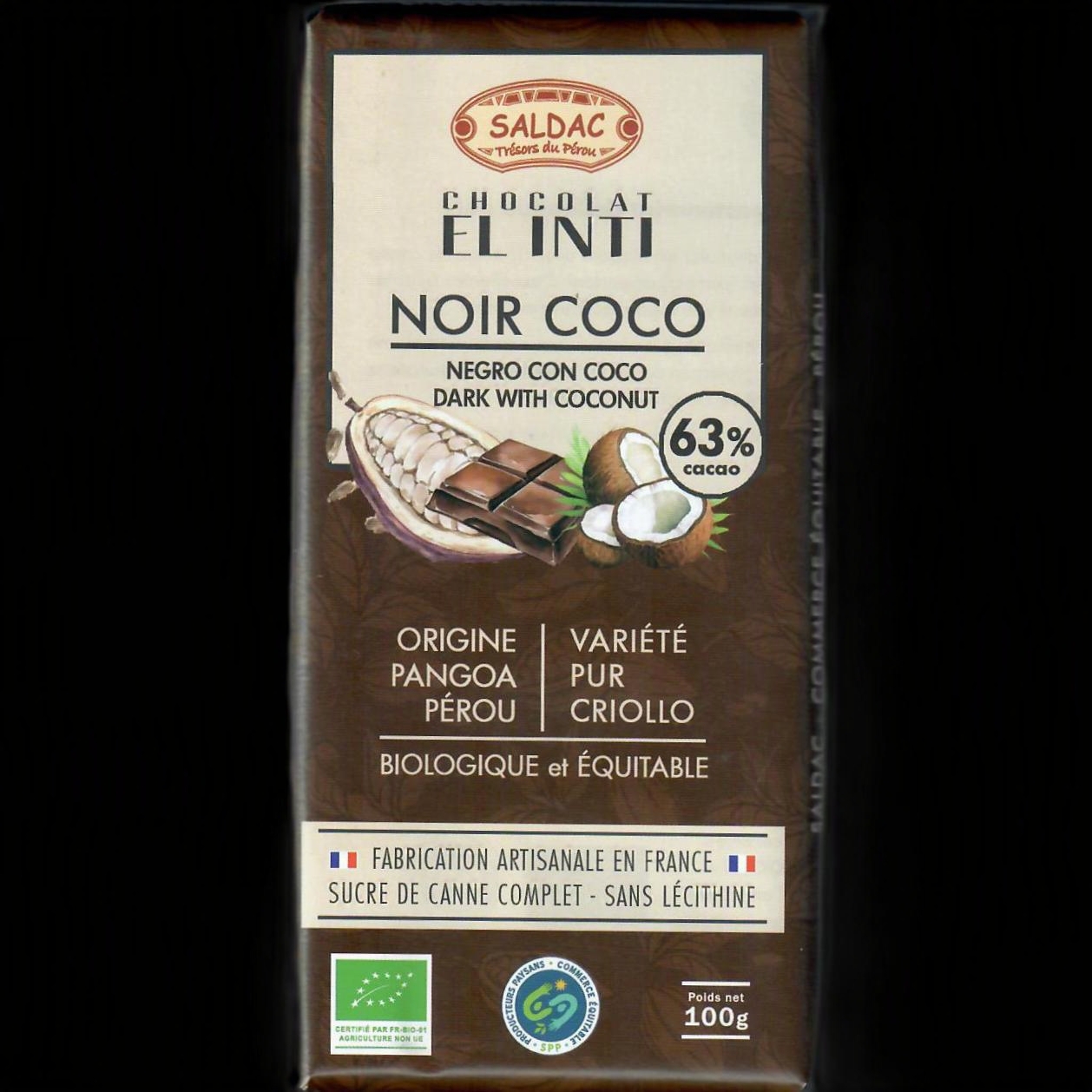 Chocolat noir 63% noix de coco, bio, tablettes 100gr – Image 2