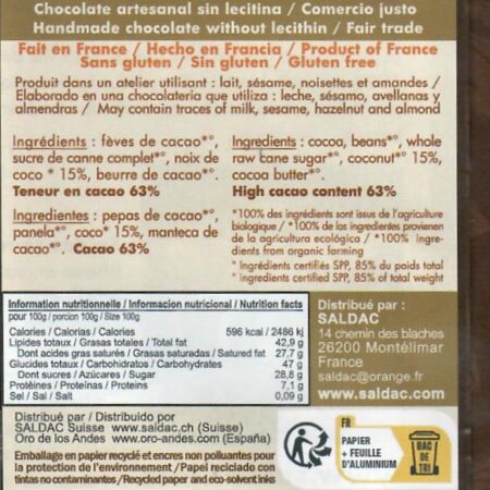 Chocolat noir 63% noix de coco, bio, tablettes 100gr – Image 3
