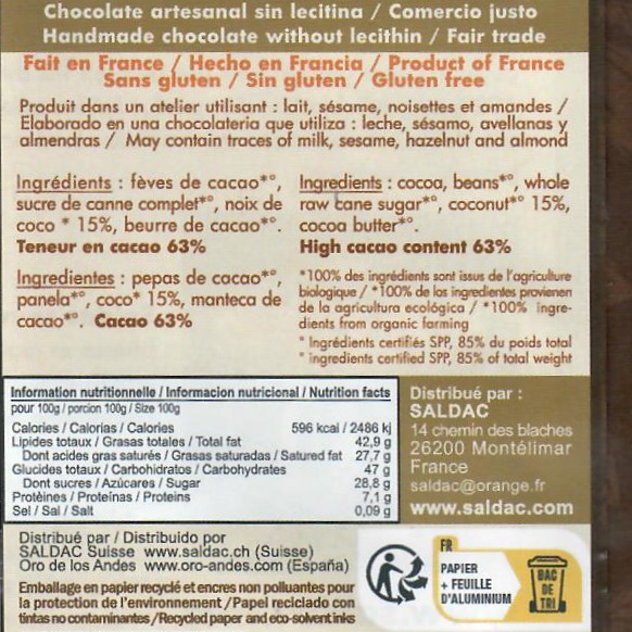 Chocolat noir 63% noix de coco, bio, tablettes 100gr – Image 3