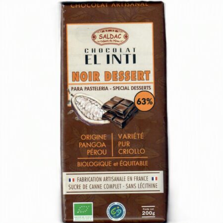 Chocolat noir 63% spécial dessert, bio, tablettes 200gr