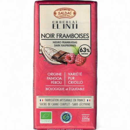 Chocolat noir 63% framboise, bio, tablettes 100gr