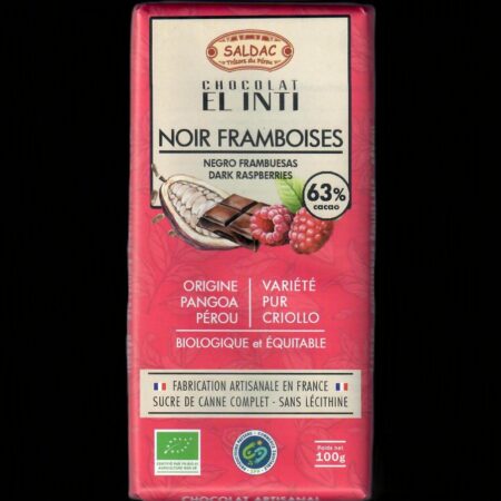 Alternative view of Chocolat noir 63% framboise, bio, tablettes 100gr