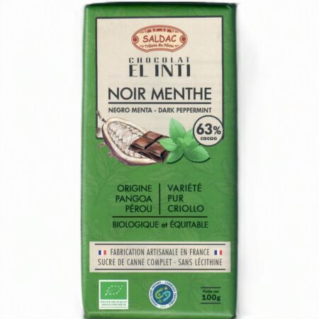 Chocolat noir 63% menthe poivrée, bio, tablettes 100gr