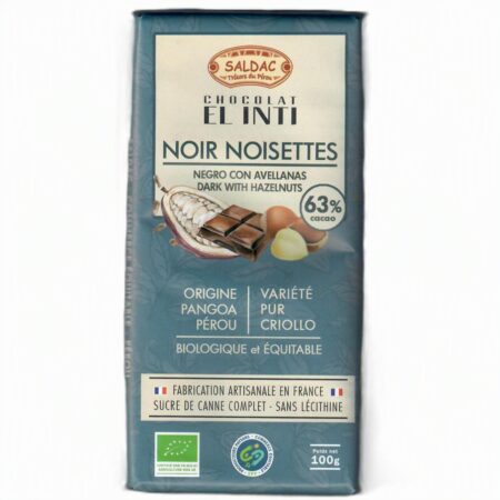 Chocolat noir noisettes 63 %, bio, tablettes 100gr