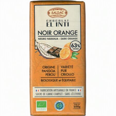 Chocolat noir 63% écorces d'oranges confites, bio, tablettes 100gr