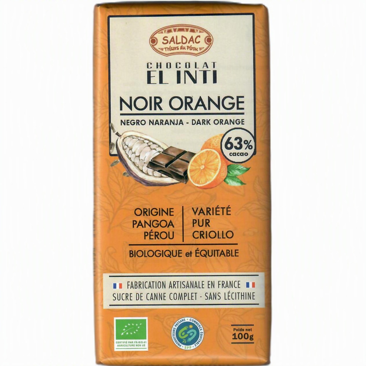 Chocolat noir 63% écorces d'oranges confites, bio, tablettes 100gr