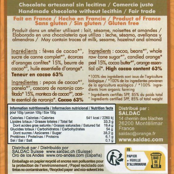 Chocolat noir 63% écorces d'oranges confites, bio, tablettes 100gr – Image 3