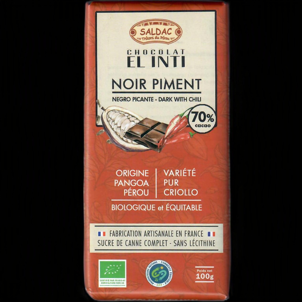 Chocolat noir 70 % piment, El Inti, tablettes 100gr – Image 2