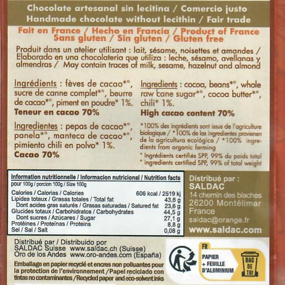Chocolat noir 70 % piment, El Inti, tablettes 100gr – Image 3