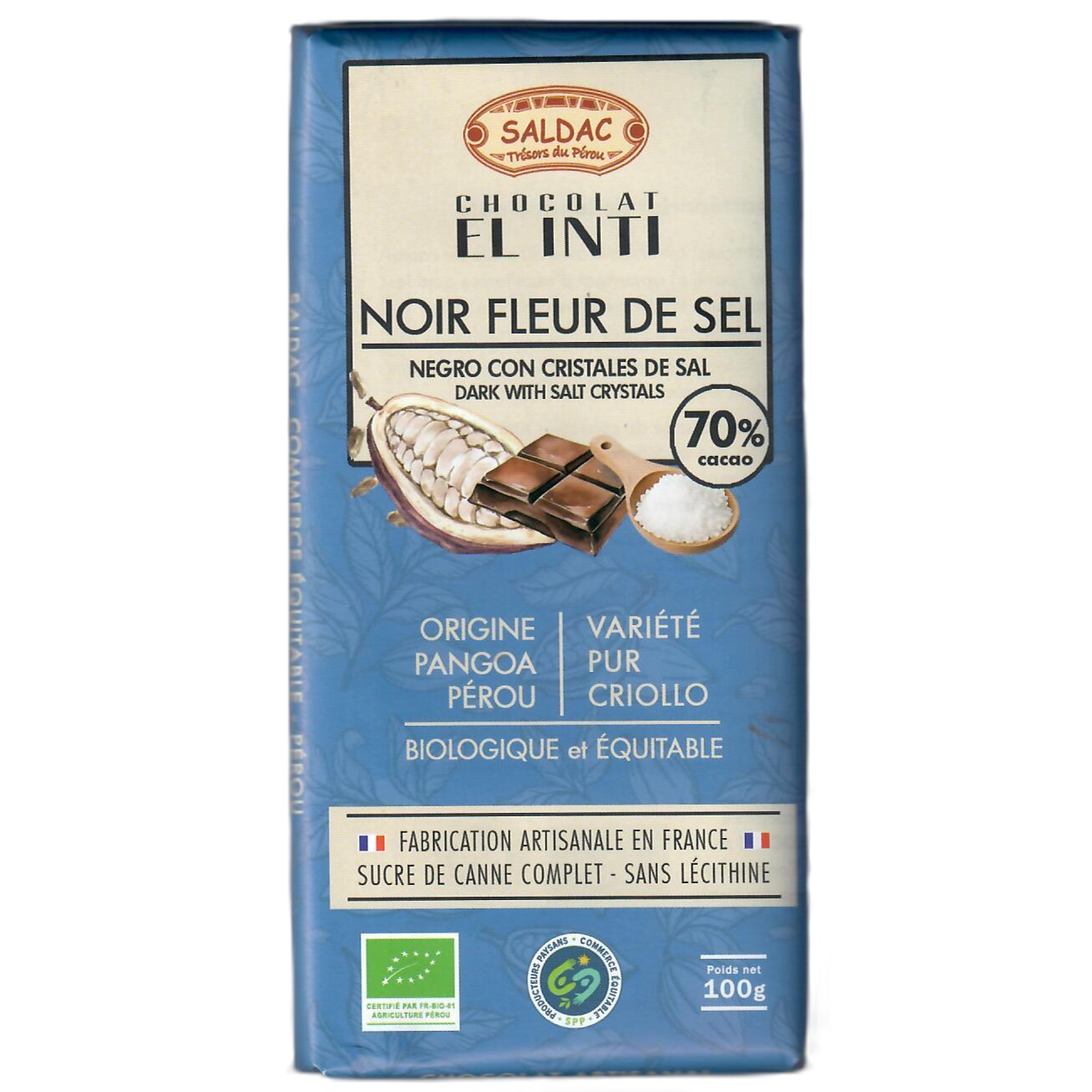 Chocolat noir 70% fleur de sel, bio, tablette 100gr