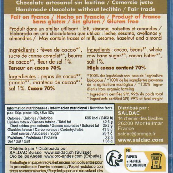 Chocolat noir 70% fleur de sel, bio, tablette 100gr – Bild 3