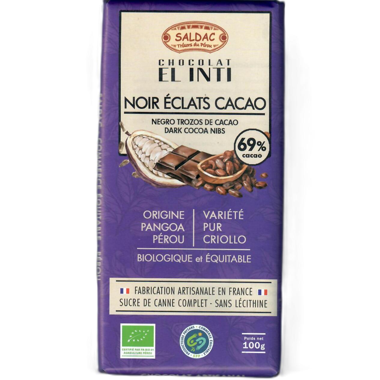 Chocolat noir 69% éclats de fèves, bio, tablettes 100gr