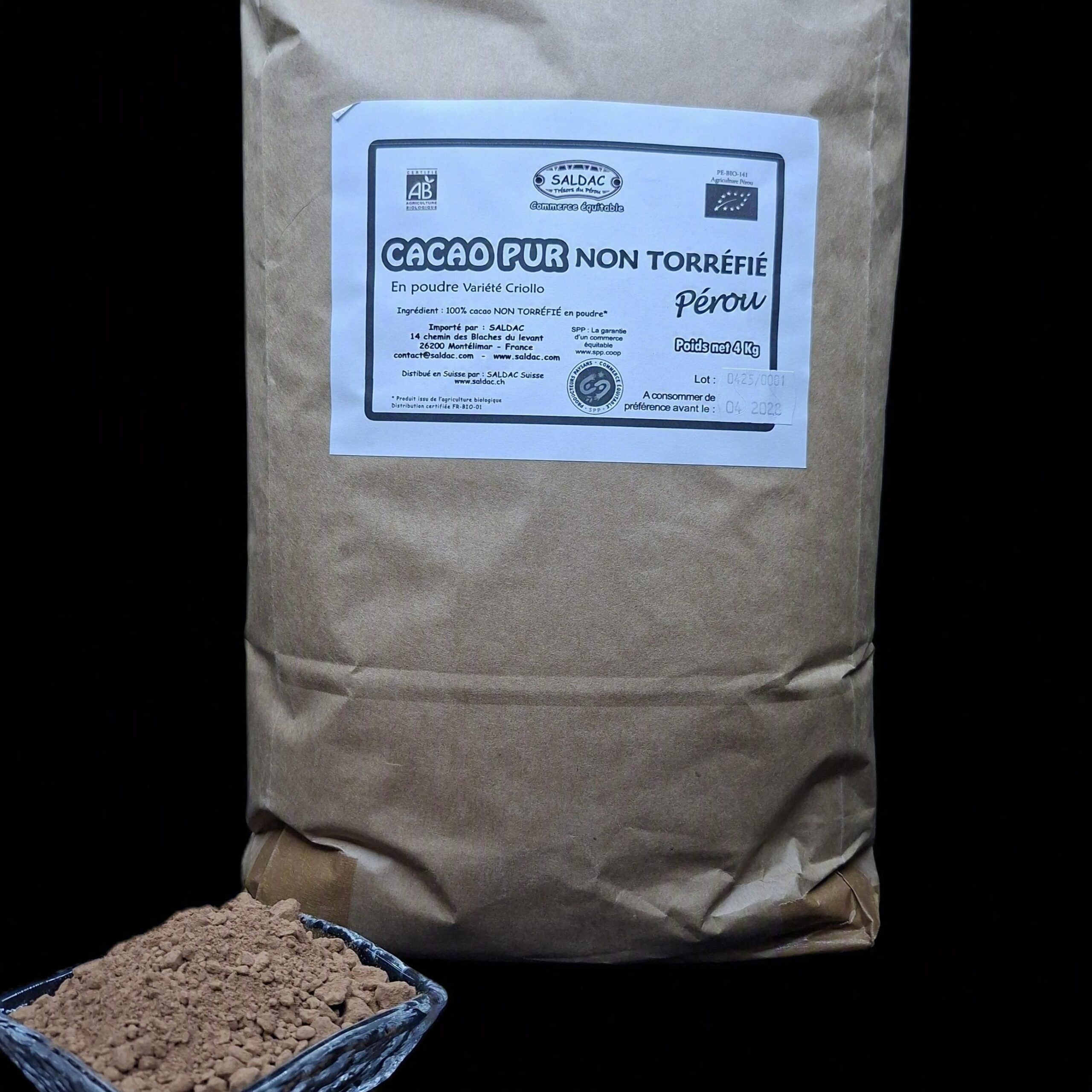 Cacao non torréfié en poudre, bio, 4kg