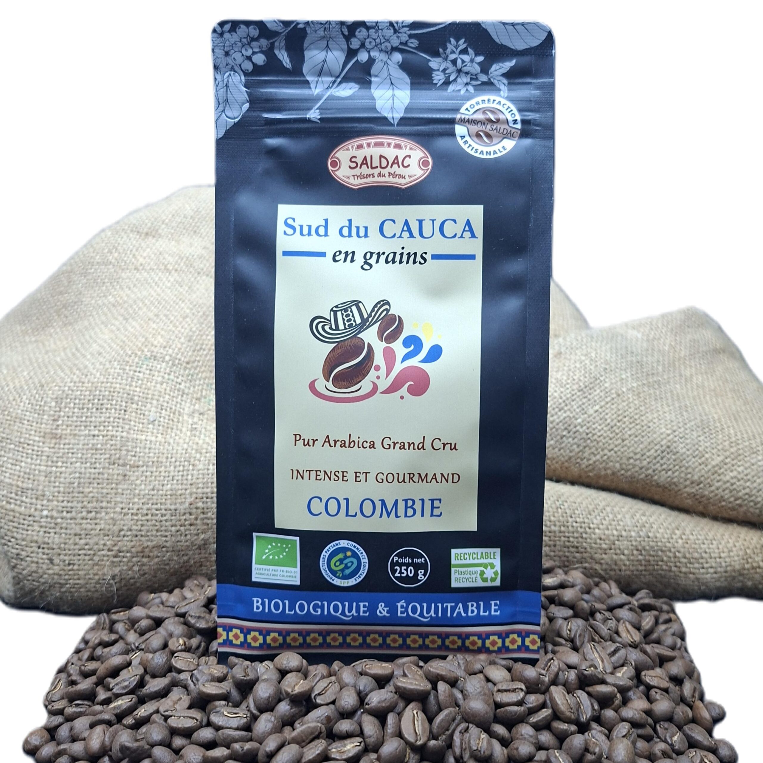 Café "Sud du Cauca" de Colombie, pur "Arabica" bio, équitable, grains 250gr