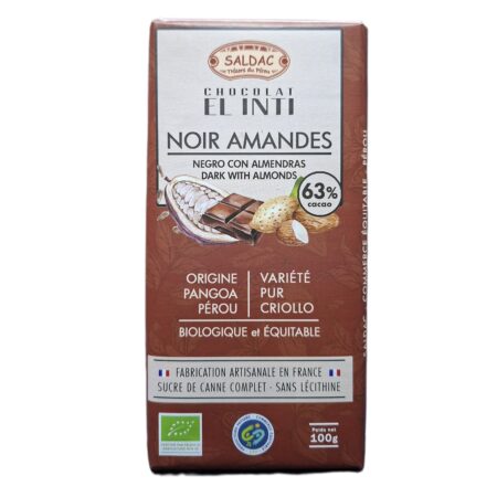 Chocolat noir 63% amandes, bio, tablettes 100gr