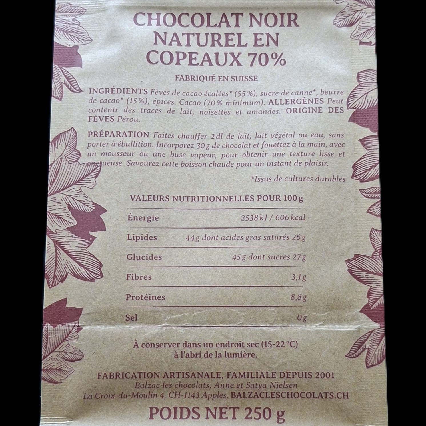 Mayas 70%, chocolat chaud Balzac, 250gr – Image 2