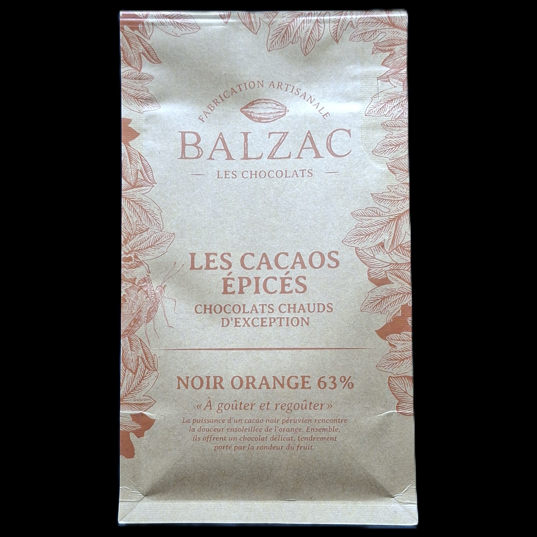Noir Orange 63%, chocolat chaud Balzac, 250gr