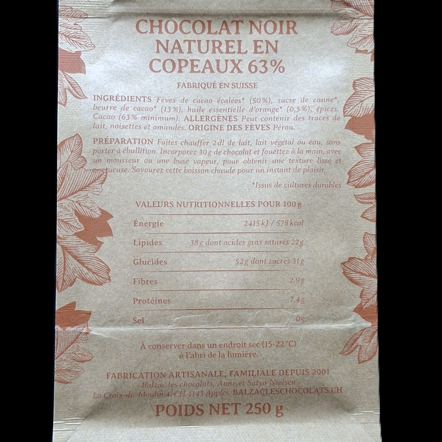 Noir Orange 63%, chocolat chaud Balzac, 250gr – Image 2
