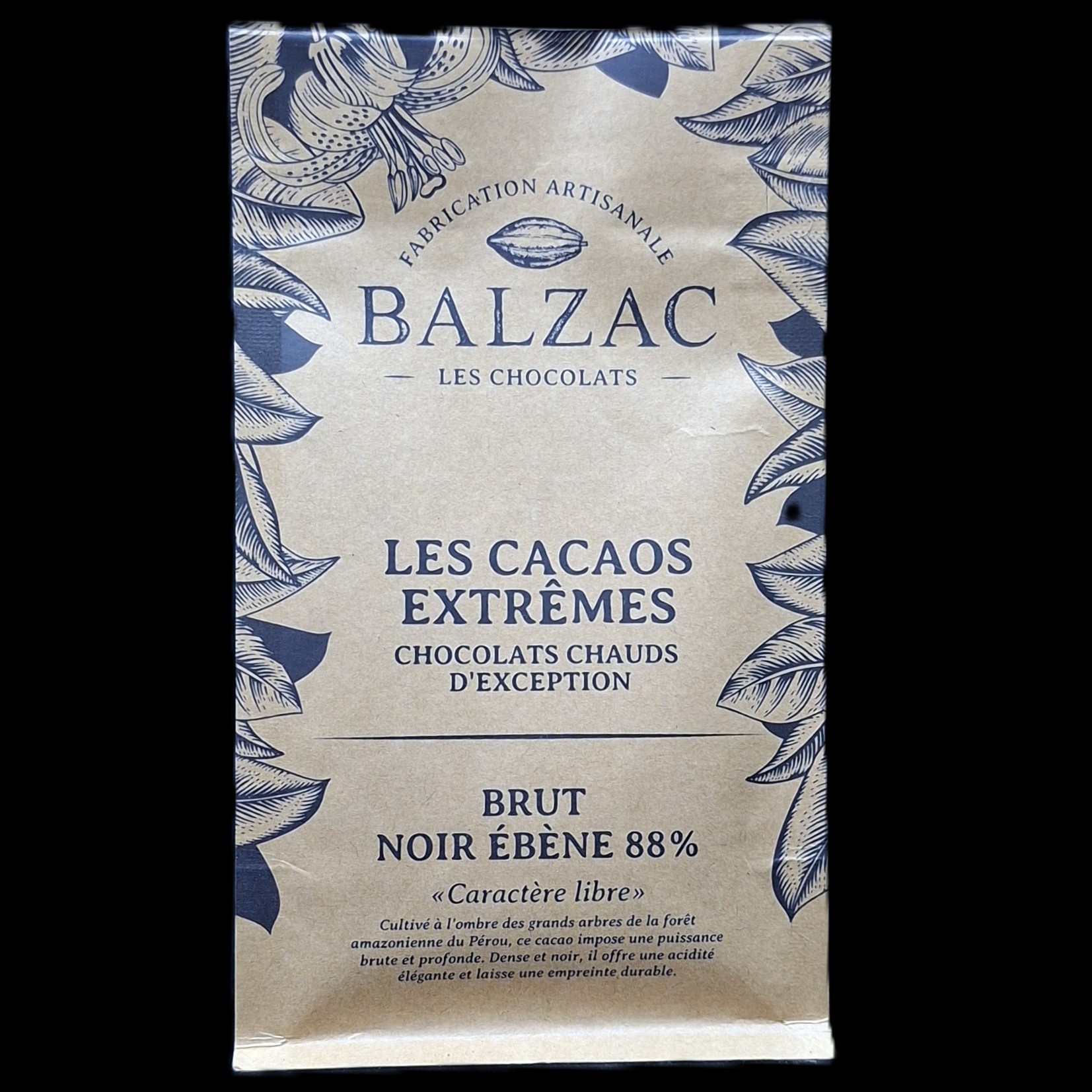 Brut noir ébène 88%, chocolat chaud Balzac, 250gr