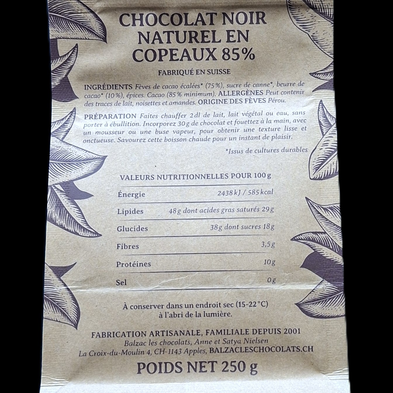 Brut del Peru 85%, chocolat chaud Balzac, 250gr – Image 2